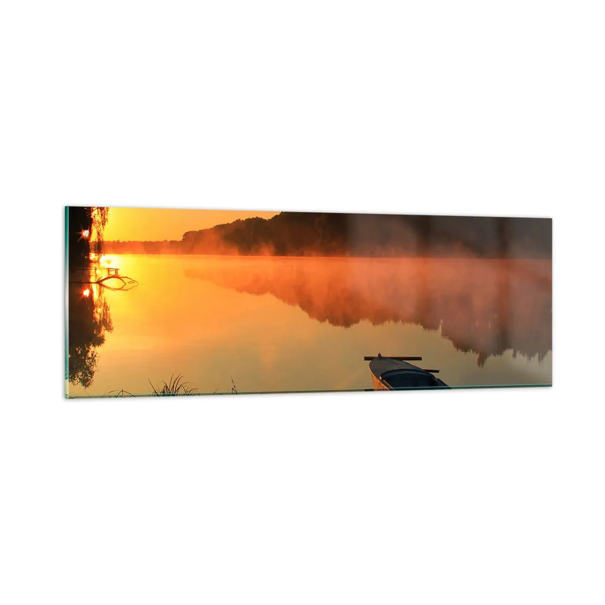 Schilderen op glas - Zonsopgang boven het water als een spiegel - 90x30 cm