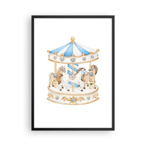 Poster in een zwarte lijst - Aquarelcarrousel in pasteltinten blauw en goud - 50x70cm - Zoete jeugd - Moderne wanddecoratie voor woonkamer en slaapkamer ARTTOR