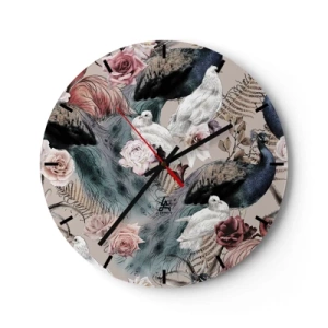Wandklok - Klok - Pauw en witte vogels tussen bloemen op een beige achtergrond - 30x30cm - In de paleistuin - Moderne wanddecoratie voor woonkamer, keuken en slaapkamer ARTTOR