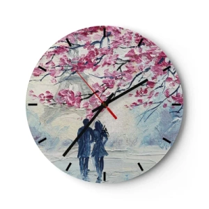 Wandklok - Klok - Een romantisch beeld van een stel onder bloeiende roze bomen - 30x30cm - Een romantische wandeling - Moderne wanddecoratie voor woonkamer, keuken en slaapkamer ARTTOR