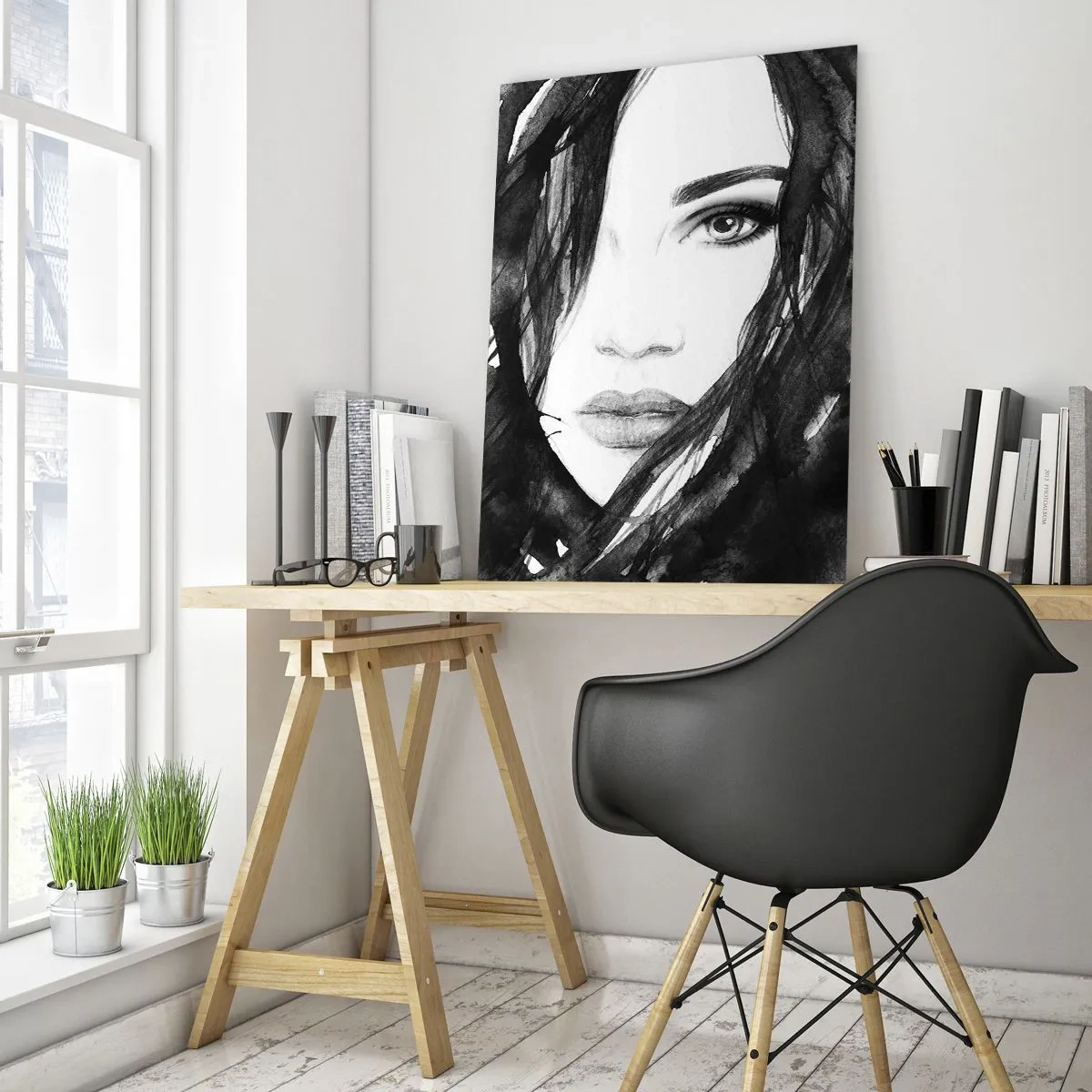 Schilderen op glas - Portret van een dame in zwart en wit - 50x70 cm