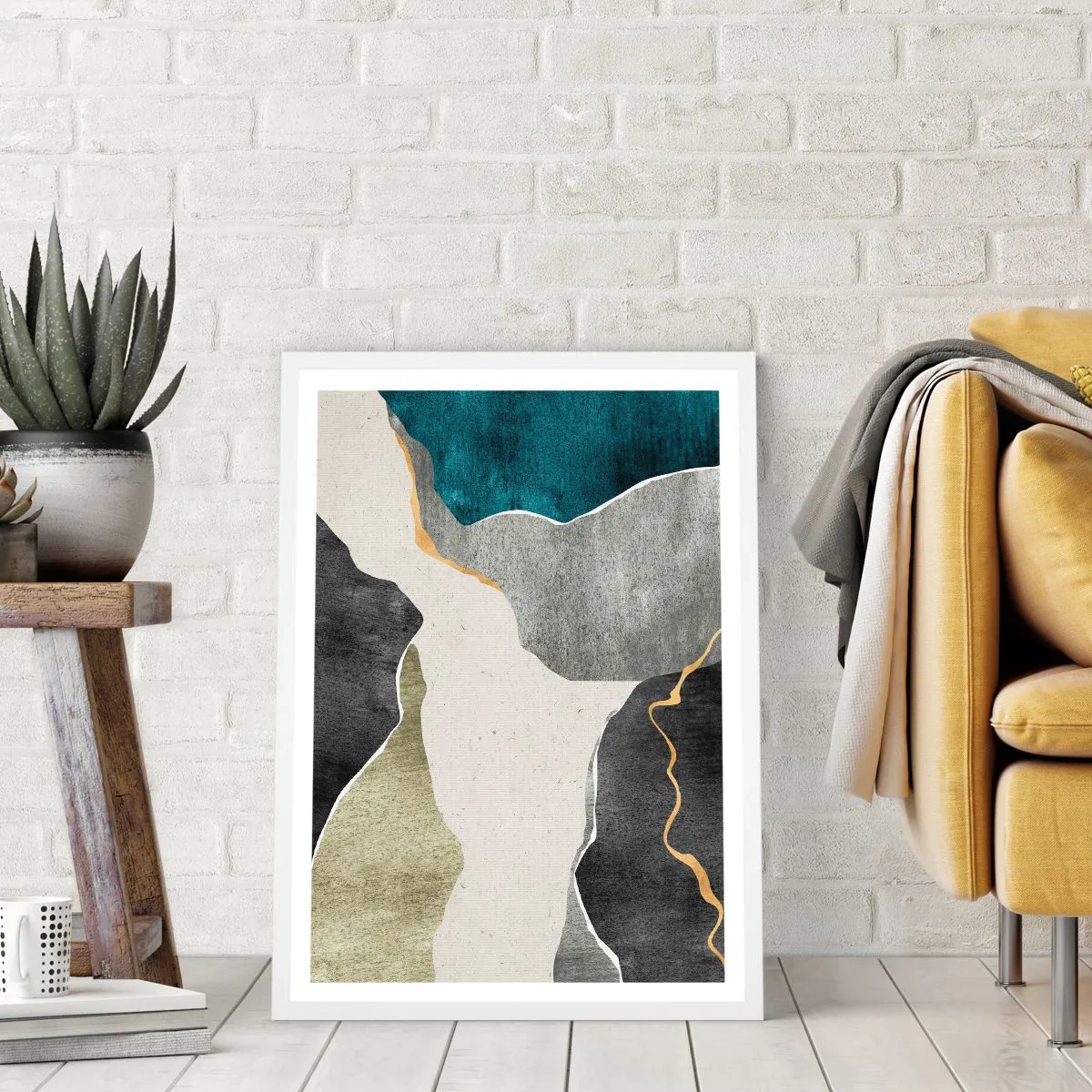 Poster in een witte lijst - Mozaïekcompositie met gouddraad - 70x100 cm