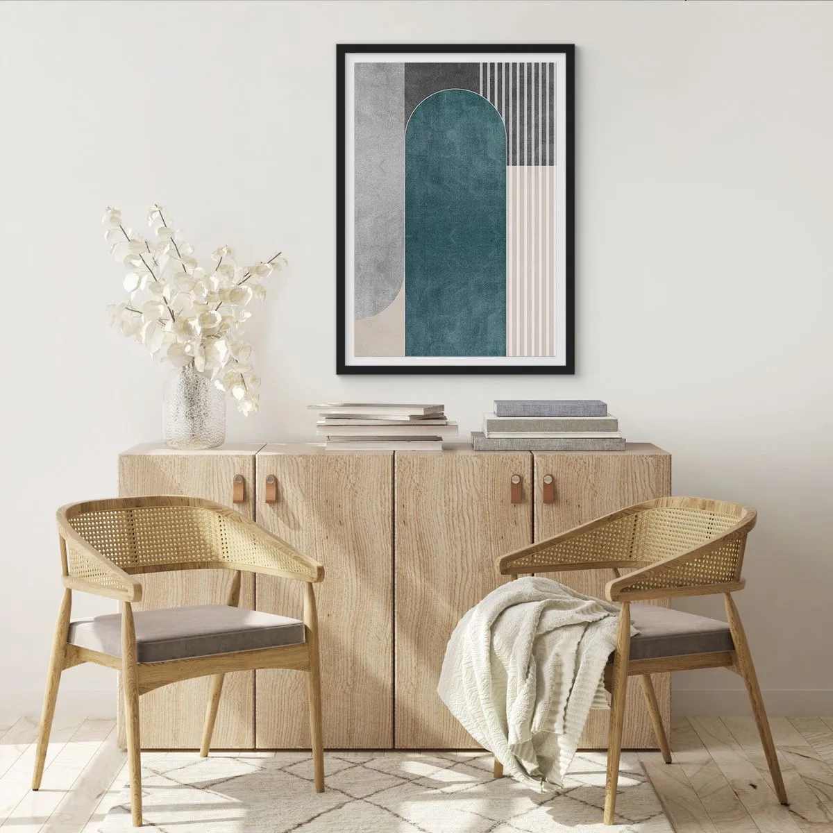 Poster in een zwarte lijst - Geometrische compositie in tinten groen en grijs - 50x70cm - Compositie op niveau - Moderne wanddecoratie voor woonkamer en slaapkamer ARTTOR