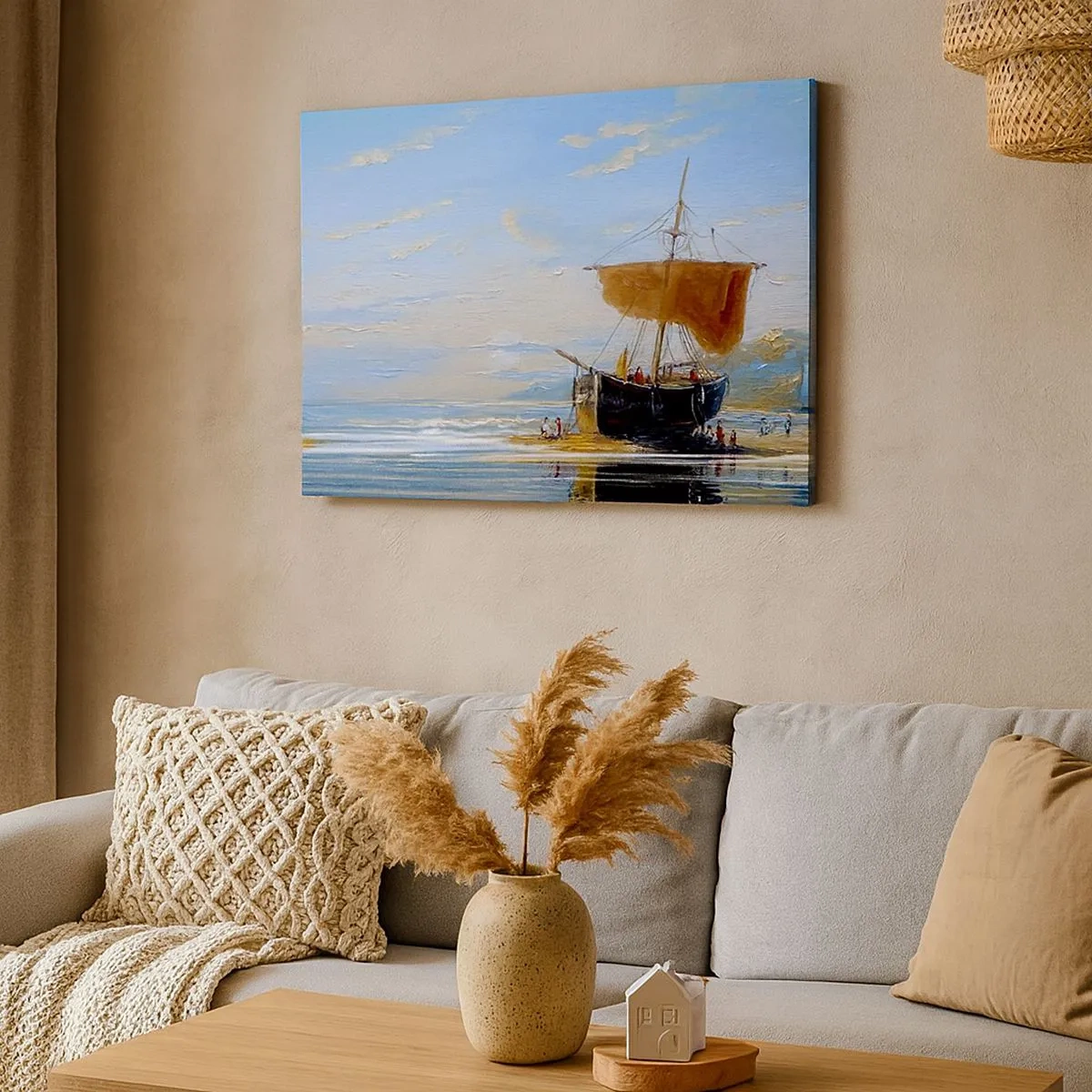 Schilderen op canvas - Een schip aan de kust op een zonnige dag - 70x50cm - Water, bodem, lucht - Moderne wanddecoratie voor woonkamer en slaapkamer ARTTOR
