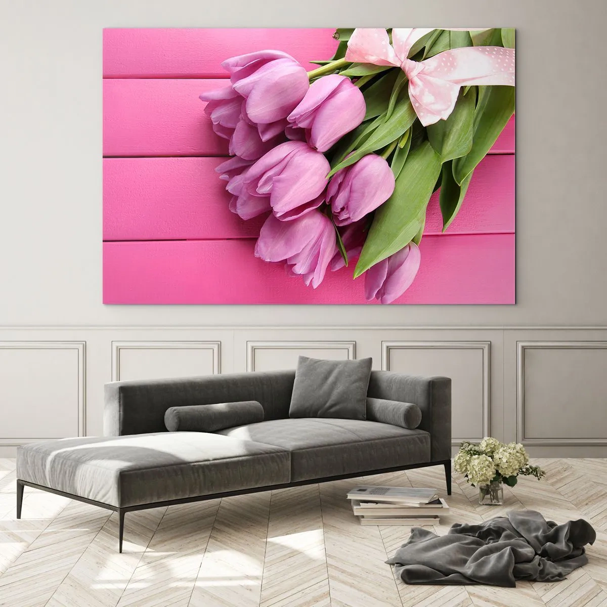 Schilderen op glas - Een boeket roze tulpen op een houten achtergrond - 70x50cm - Enkel voor jou - Moderne wanddecoratie voor woonkamer en slaapkamer ARTTOR