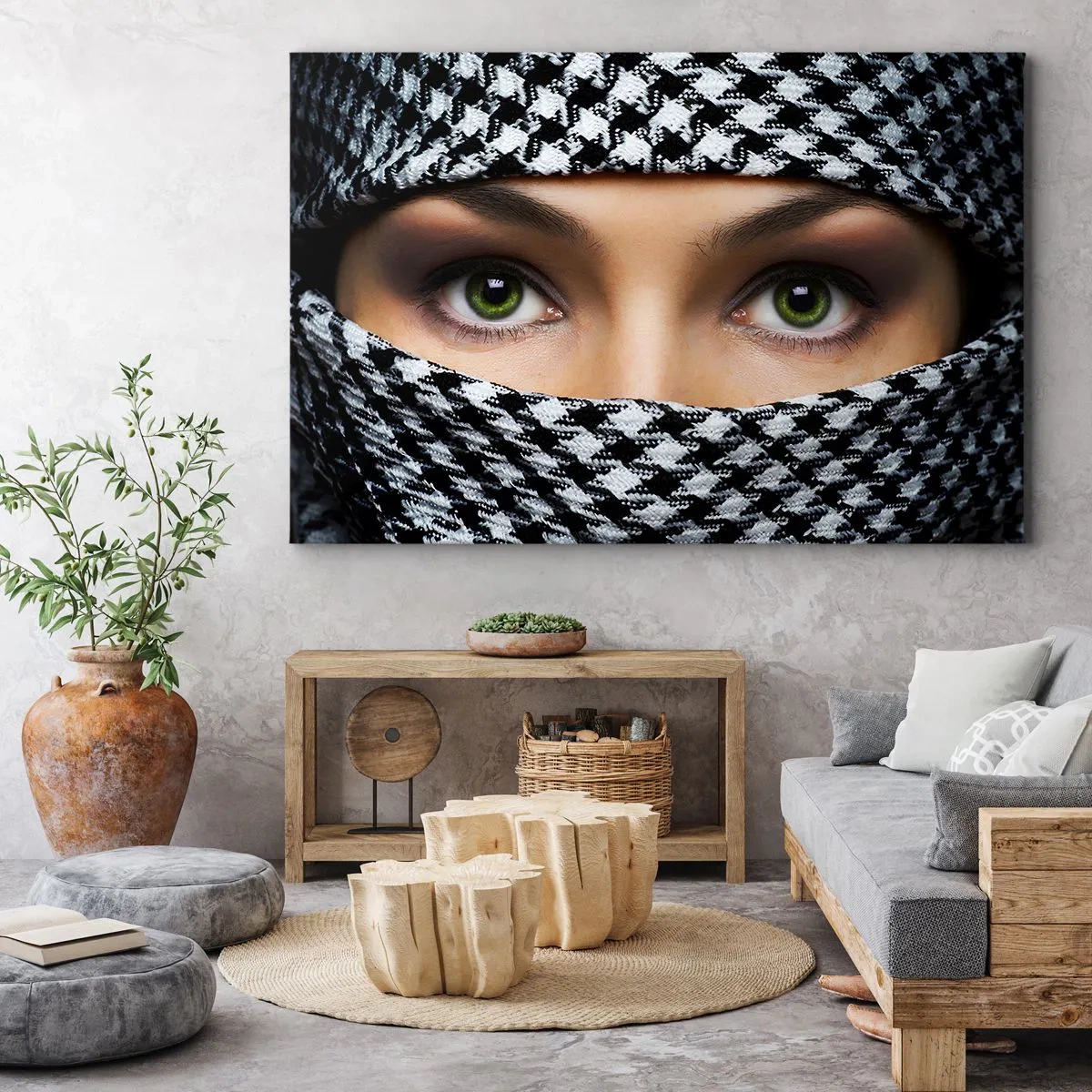 Schilderen op canvas - De groene ogen van een vrouw gaan schuil achter een stof met een zwart-wit patroon. - 70x50cm - Portret van een gesluierde schoonheid met groene ogen - Moderne wanddecoratie voor woonkamer en slaapkamer ARTTOR