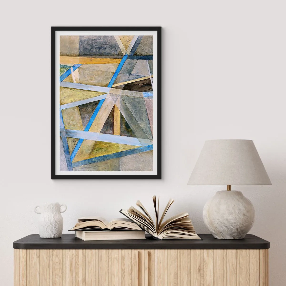 Poster in een zwarte lijst - Geometrische abstractie met tinten blauw en goud - 50x70cm - Recht of diagonaal? - Moderne wanddecoratie voor woonkamer en slaapkamer ARTTOR