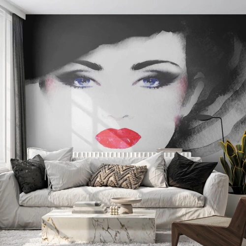 Zelfklevend Fotobehang Deluxe Sticker - Hij duwt terug en roept - Het gezicht van de vrouw, rode lippen, Blauwe ogen - 200x140 cm