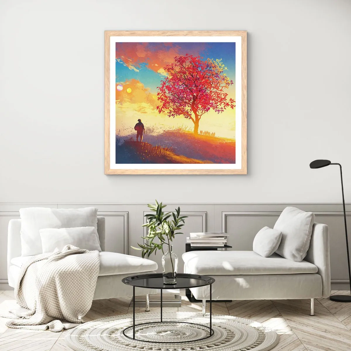 Een poster in een licht eiken lijst - Pelgrim bij de bestemming - 60x60 cm