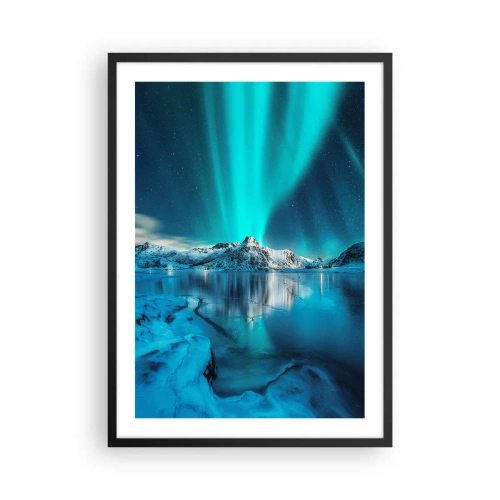 Poster in een zwarte lijst - Aurora Borealis boven de met sneeuw bedekte bergen - 50x70cm - lichtnacht - Moderne wanddecoratie voor woonkamer en slaapkamer ARTTOR