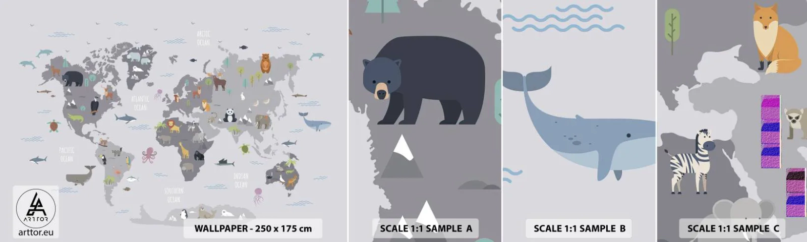Fotobehang Staaltje Standard Eco - Vertel me waar je vandaan komt ... - Wereldkaart, Dieren, Continenten - 100x30 cm