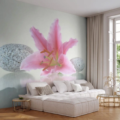 Fotobehang Premium Canvas - Een studie in roze, grijs en wit - Bloemen, Lelie, Stenen - 500x350 cm