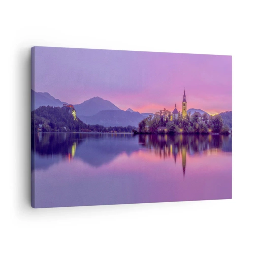 Schilderen op canvas - Meer met een eiland en een kerk bij zonsondergang - 70x50cm - Een sprookjesachtig eiland in de schemering - Moderne wanddecoratie voor woonkamer en slaapkamer ARTTOR