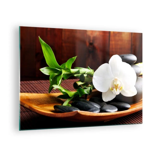 Schilderen op glas - Witte orchidee op zwarte stenen en bamboe in een houten kom - 70x50cm - Geef je over aan de aanraking van de natuur - Moderne wanddecoratie voor woonkamer en slaapkamer ARTTOR