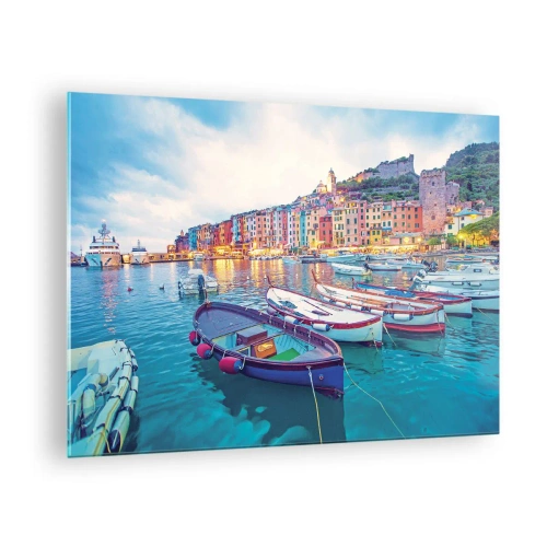 Schilderen op glas - Avondzicht op Cinque Terre met zijn kleurrijke gebouwen - 70x50cm - Kleurrijke avond in de haven - Moderne wanddecoratie voor woonkamer en slaapkamer ARTTOR