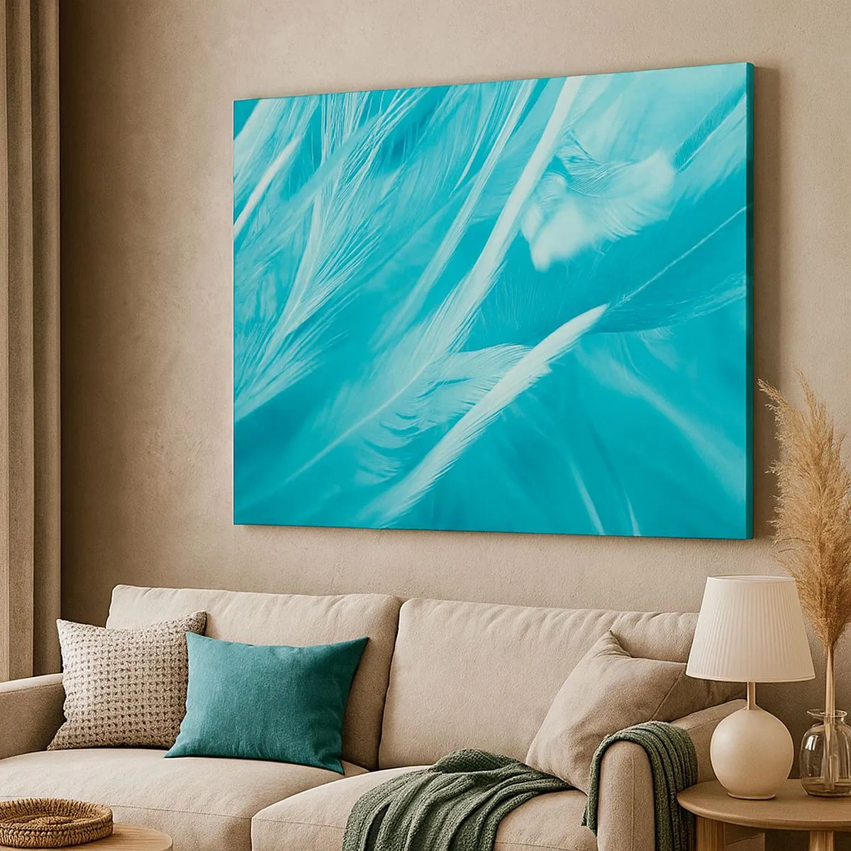 Schilderen op canvas - Delicate turquoise veren van dichtbij - 70x50cm - Verdrinken in pluisjes - Moderne wanddecoratie voor woonkamer en slaapkamer ARTTOR