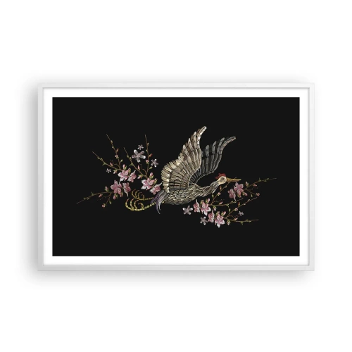 Poster in een witte lijst - Exotische geborduurde vogel - 91x61 cm