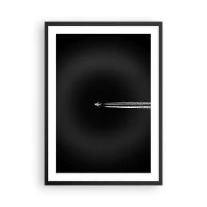 Poster in een zwarte lijst - Een vliegtuig vliegt tegen een zwarte achtergrond en laat condensstrepen achter. - 50x70cm - Naar een andere dimensie - Moderne wanddecoratie voor woonkamer en slaapkamer ARTTOR