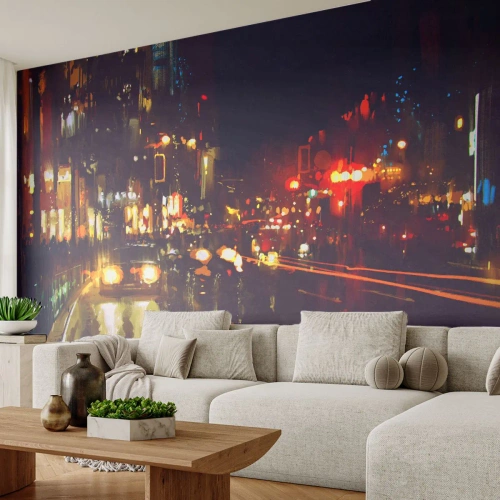 Zelfklevend Fotobehang Deluxe Sticker - Ondergedompeld in de lichten van de nacht - Stad, Architectuur, Nachtleven - 100x70 cm