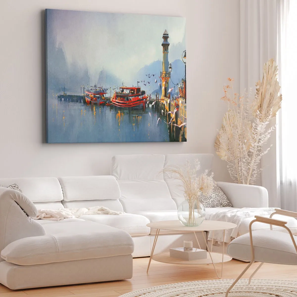 Schilderen op canvas - Een haven met rode boten omgeven door een mistig landschap - 70x50cm - Aan het einde van de wereld - Moderne wanddecoratie voor woonkamer en slaapkamer ARTTOR