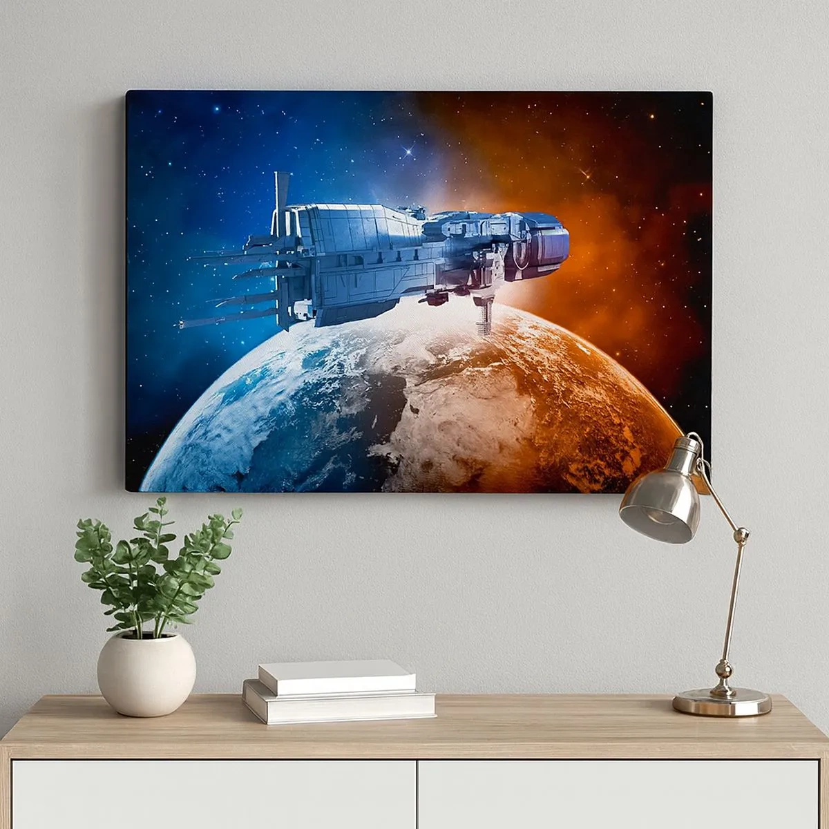 Schilderen op canvas - Een ruimteschip tegen de achtergrond van een planeet in de ruimte - 70x50cm - Een zorgvuldige waarnemer - Moderne wanddecoratie voor woonkamer en slaapkamer ARTTOR