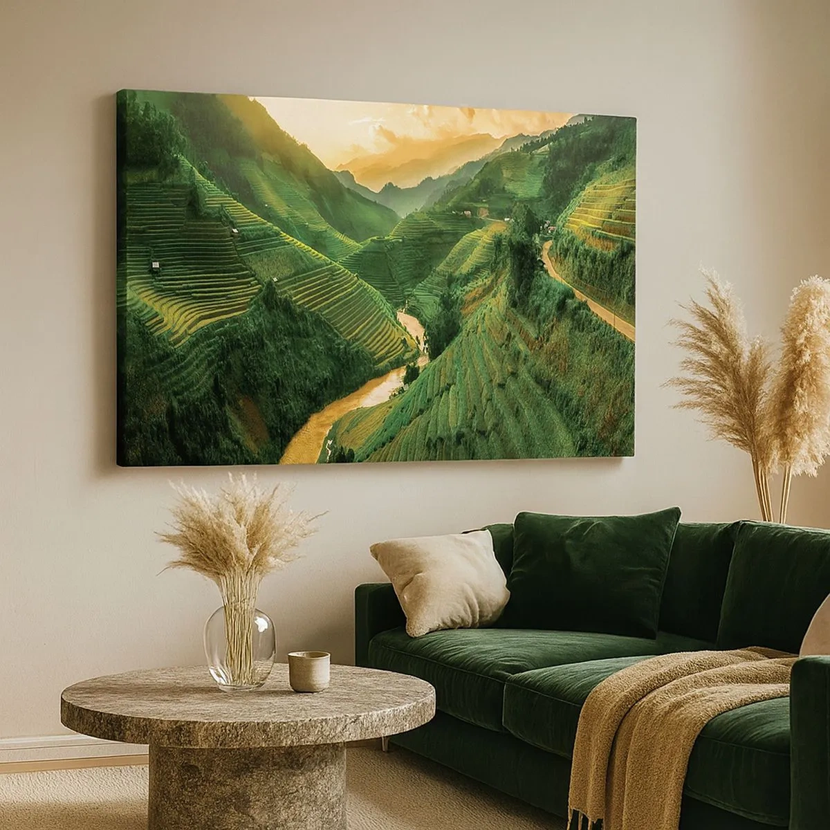 Schilderen op canvas - Pittoreske rijstterrassen in een groene vallei verlicht door de ondergaande zon - 70x50cm - Vietnamese vallei - Moderne wanddecoratie voor woonkamer en slaapkamer ARTTOR