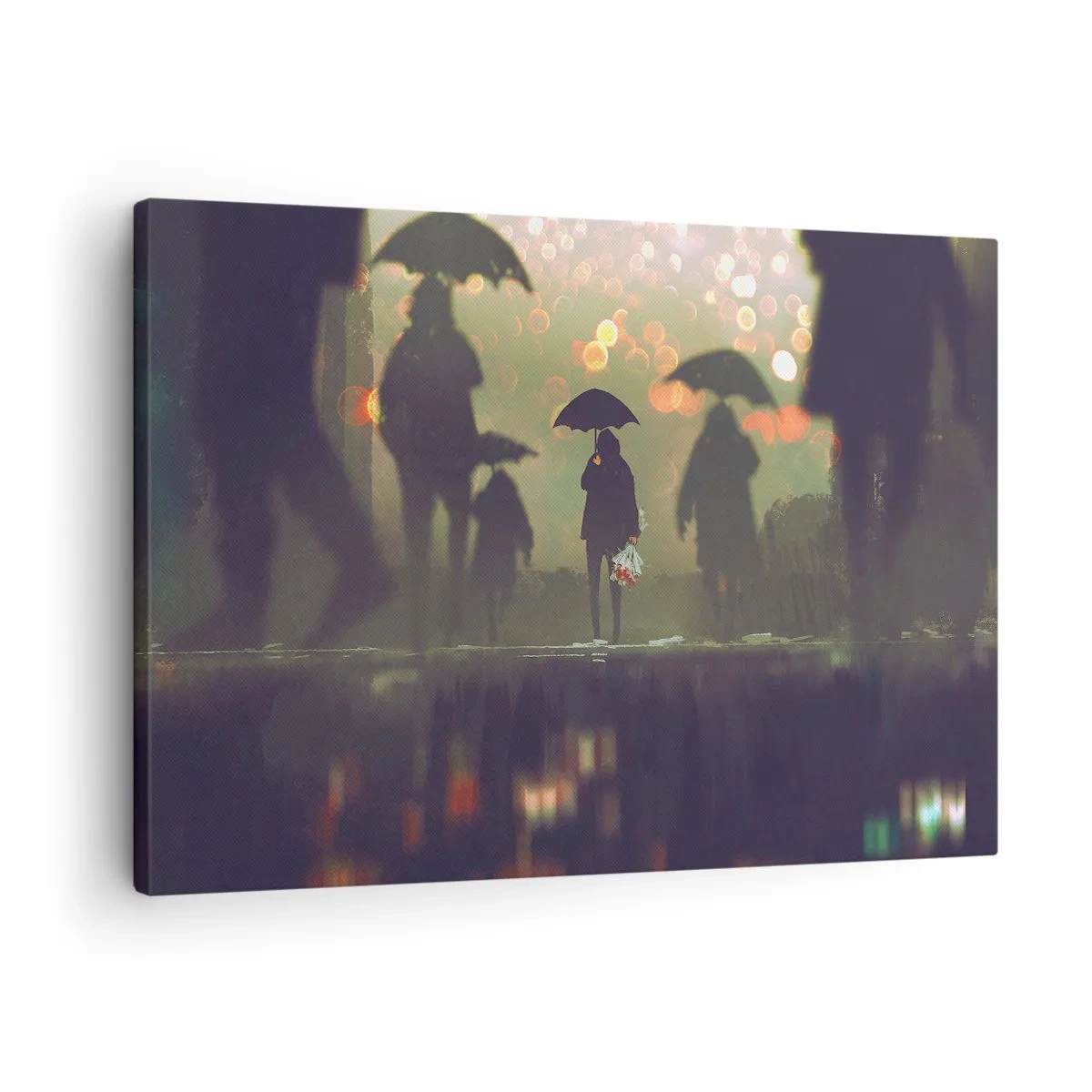 Schilderen op canvas - Een figuur met een paraplu op een regenachtige avond tussen de stadslichten - 70x50cm - Vanuit het perspectief van een regendruppel - Moderne wanddecoratie voor woonkamer en slaapkamer ARTTOR