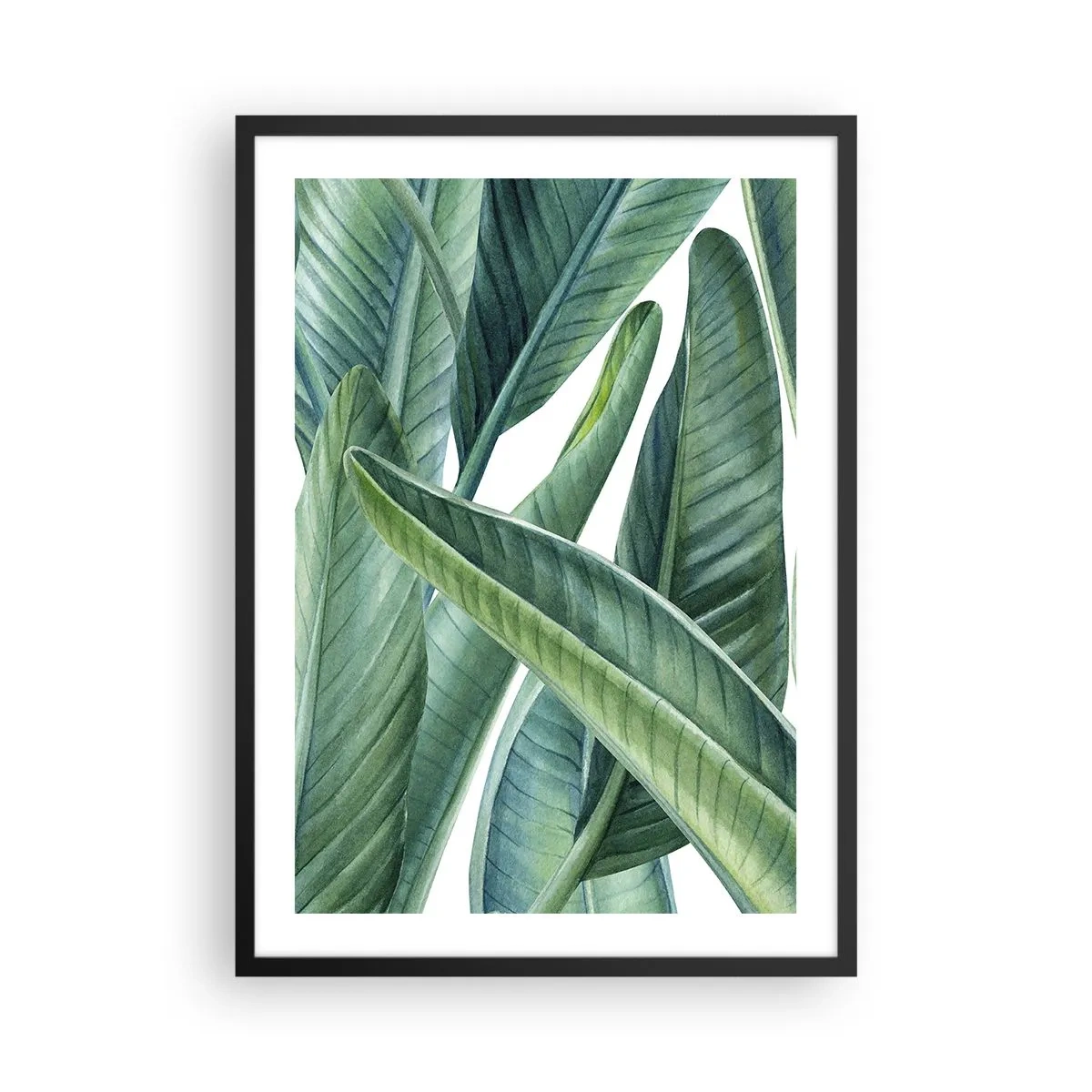 Poster in een zwarte lijst - Groene bananenbladeren in aquarelstijl - 50x70cm - Groen zelf - Moderne wanddecoratie voor woonkamer en slaapkamer ARTTOR