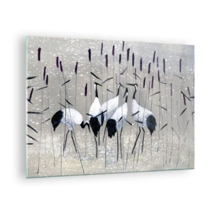 Schilderen op glas - Vier kraanvogels tussen het riet bij het meer - 70x50cm - Onder hun eigen - Moderne wanddecoratie voor woonkamer en slaapkamer ARTTOR