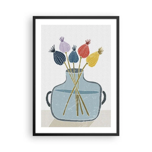 Poster in een zwarte lijst - Een minimalistische compositie van klaprozen in een glazen vaas - 50x70cm - Alsof hij met maanzaad heeft gezaaid - Moderne wanddecoratie voor woonkamer en slaapkamer ARTTOR