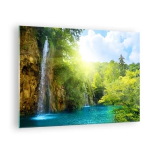 Schilderen op glas - Een waterval die uitmondt in een blauw meer, omgeven door groen - 70x50cm - Het moet Eden zijn - Moderne wanddecoratie voor woonkamer en slaapkamer ARTTOR