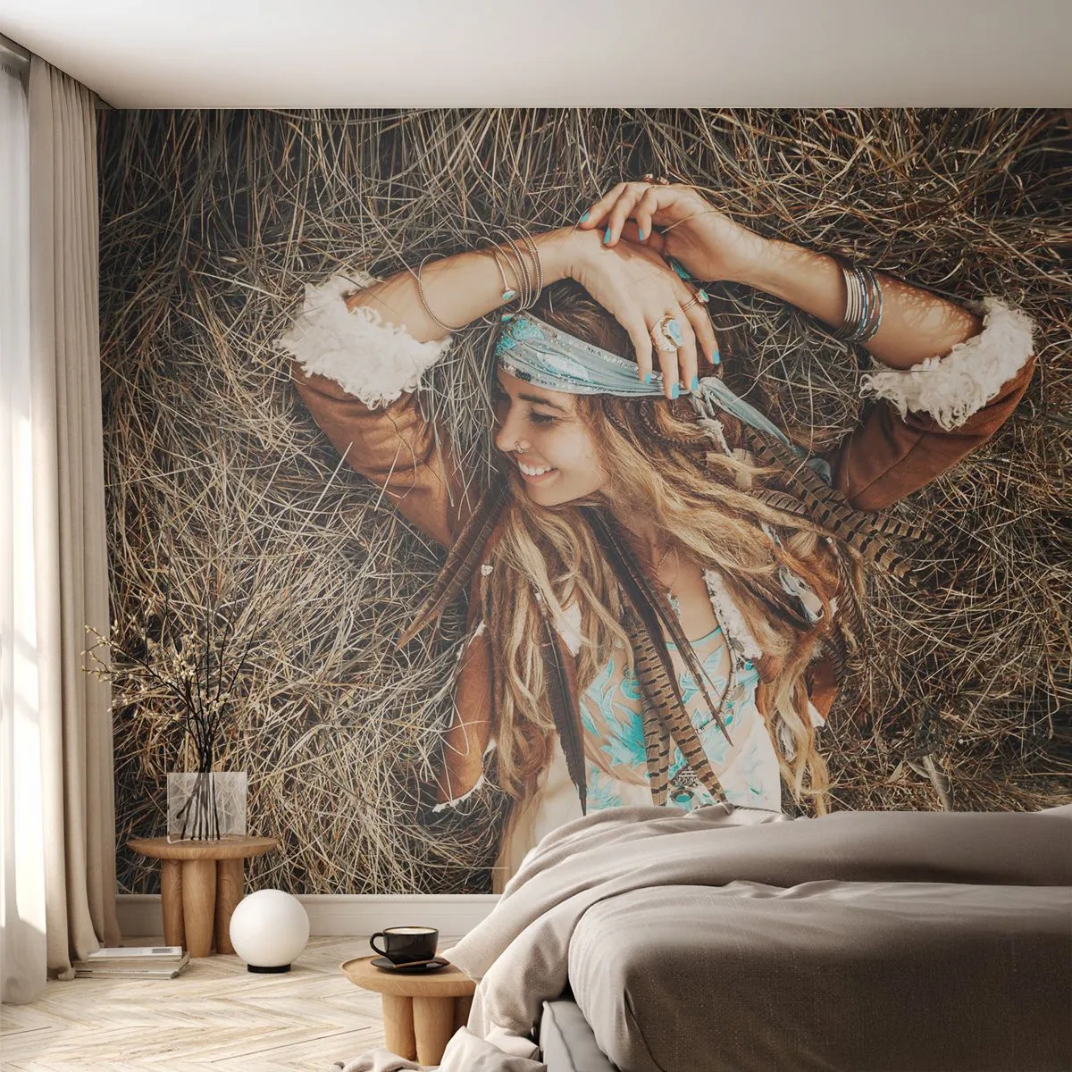 Fotobehang Premium Canvas - Op weg naar de zomer van de liefde - Boho, Vrouw, Juwelen - 400x280 cm