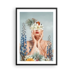 Poster in een zwarte lijst - Een vrouw omringd door bloemen in een surrealistische compositie - 50x70cm - Vrouw - bloem - Moderne wanddecoratie voor woonkamer en slaapkamer ARTTOR