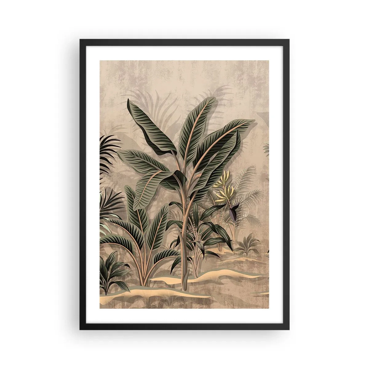 Poster in een zwarte lijst - Exotische vegetatie op een beige achtergrond - 50x70cm - Een gravure in koloniale stijl - Moderne wanddecoratie voor woonkamer en slaapkamer ARTTOR
