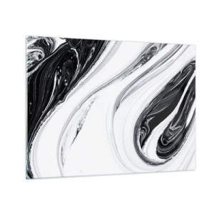 Schilderen op glas - Zwart-witte wervelende lijnen die op marmer lijken in een abstracte stijl - 70x50cm - Een combinatie van tegenstellingen - Moderne wanddecoratie voor woonkamer en slaapkamer ARTTOR