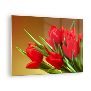 Schilderen op glas - Een boeket rode tulpen op een gouden achtergrond - 70x50cm - Een bos van lentevreugde - Moderne wanddecoratie voor woonkamer en slaapkamer ARTTOR