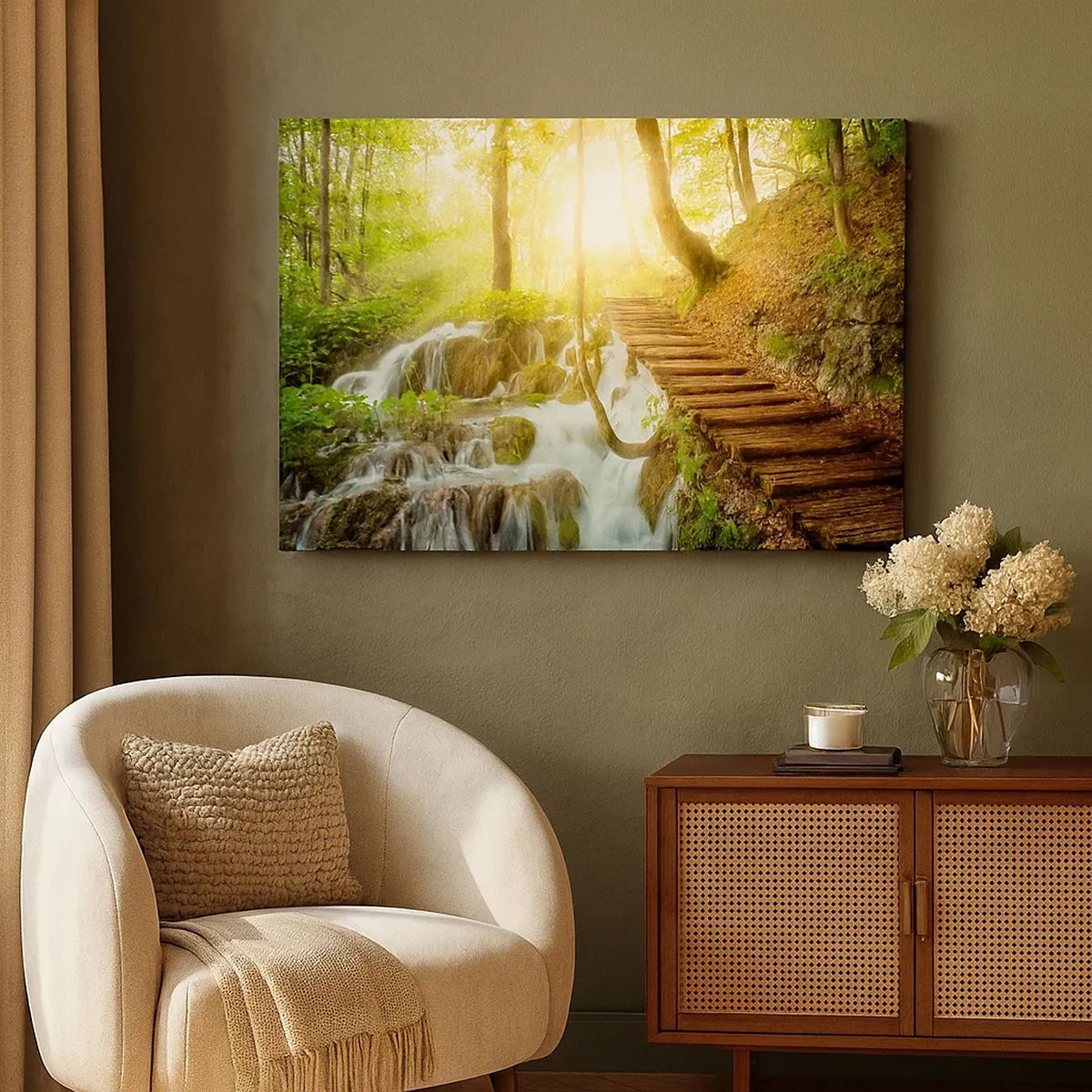 Schilderen op canvas - Bospad met houten trap bij de waterval - 70x50cm - Een felbegeerde koelte - Moderne wanddecoratie voor woonkamer en slaapkamer ARTTOR