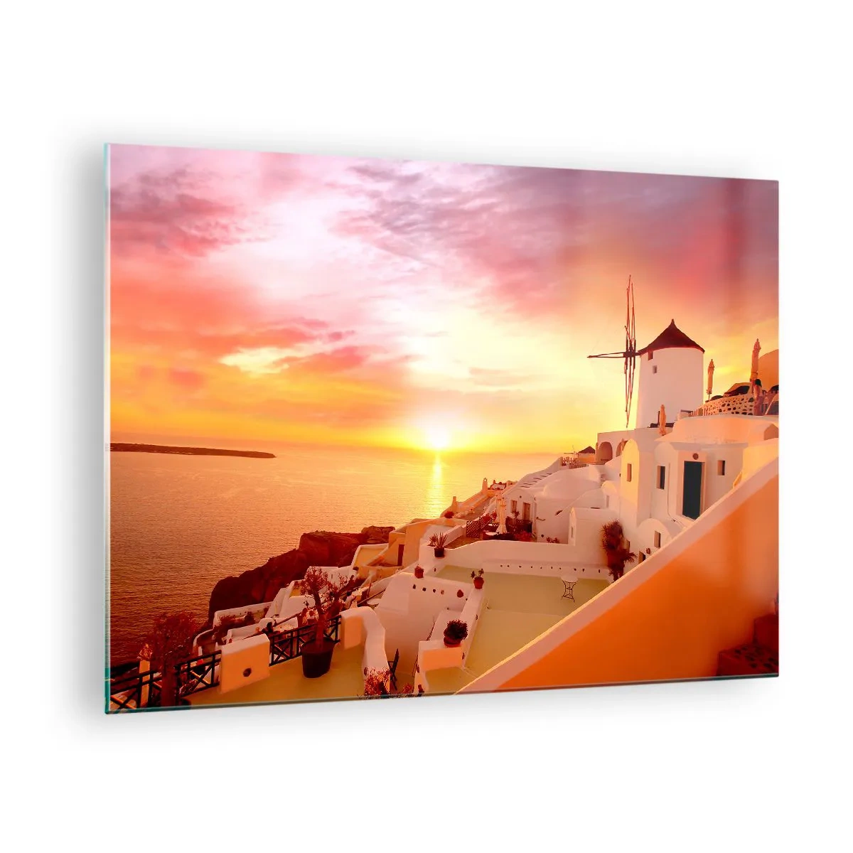 Schilderen op glas - Zonsondergang boven Santorini met witte gebouwen en een windmolen - 70x50cm - Spreiden in wit en goud - Moderne wanddecoratie voor woonkamer en slaapkamer ARTTOR