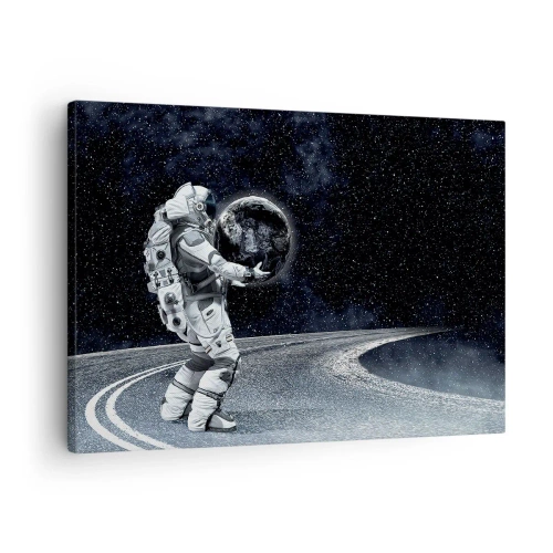 Schilderen op canvas - Astronaut met de aarde tegen de sterrenhemel - 70x50cm - Op de Melkweg - Moderne wanddecoratie voor woonkamer en slaapkamer ARTTOR