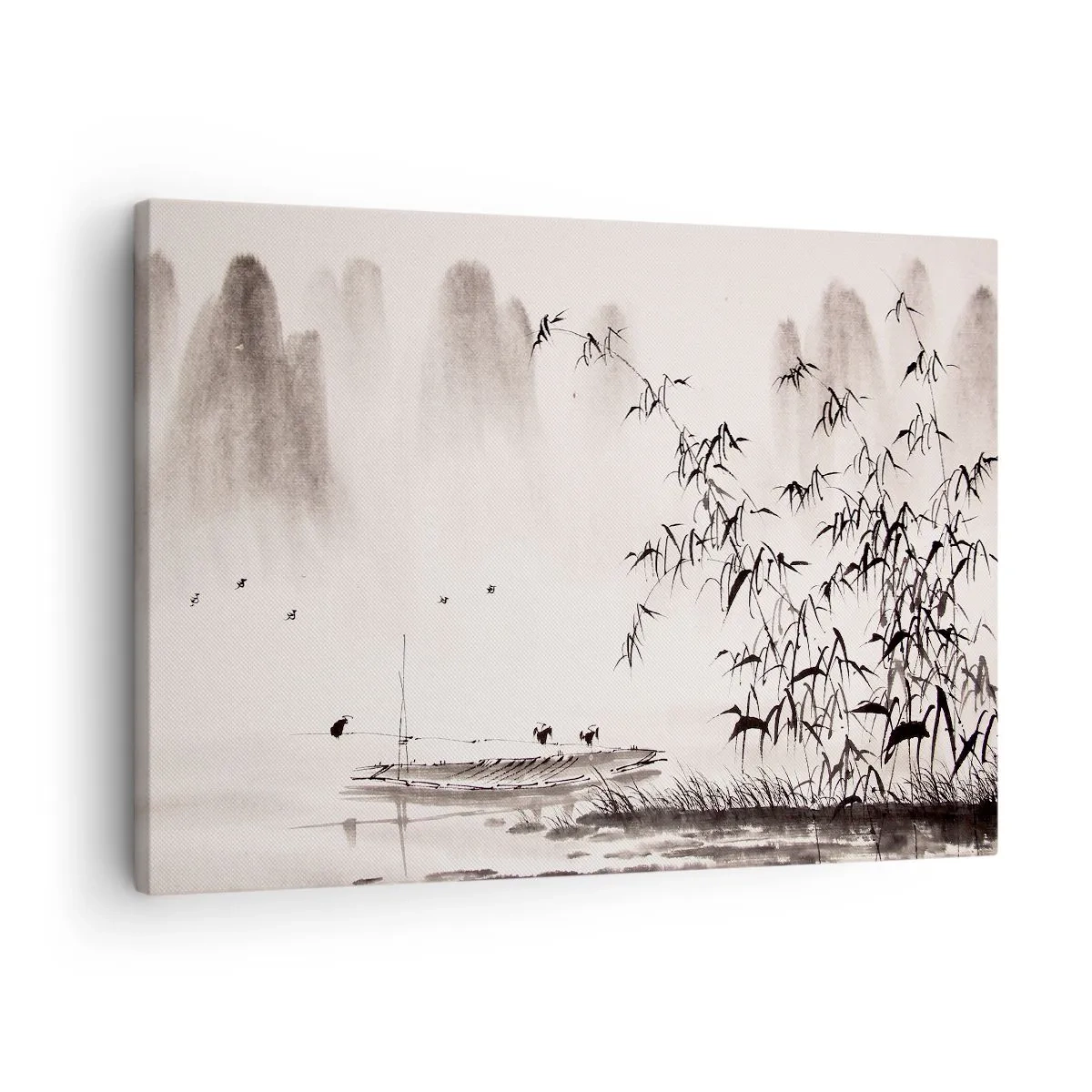 Schilderen op canvas - Een minimalistisch landschap in oosterse stijl - 70x50cm - De stilte van de rijstvelden - Moderne wanddecoratie voor woonkamer en slaapkamer ARTTOR