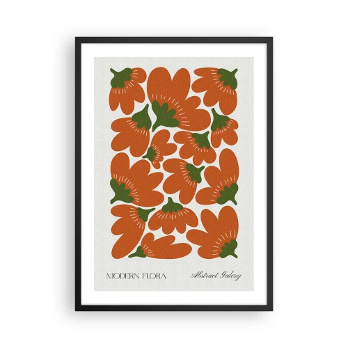 Poster in een zwarte lijst - Abstracte oranje bloemen op een lichte achtergrond - 50x70cm - Uit het leven van bloemen - Moderne wanddecoratie voor woonkamer en slaapkamer ARTTOR