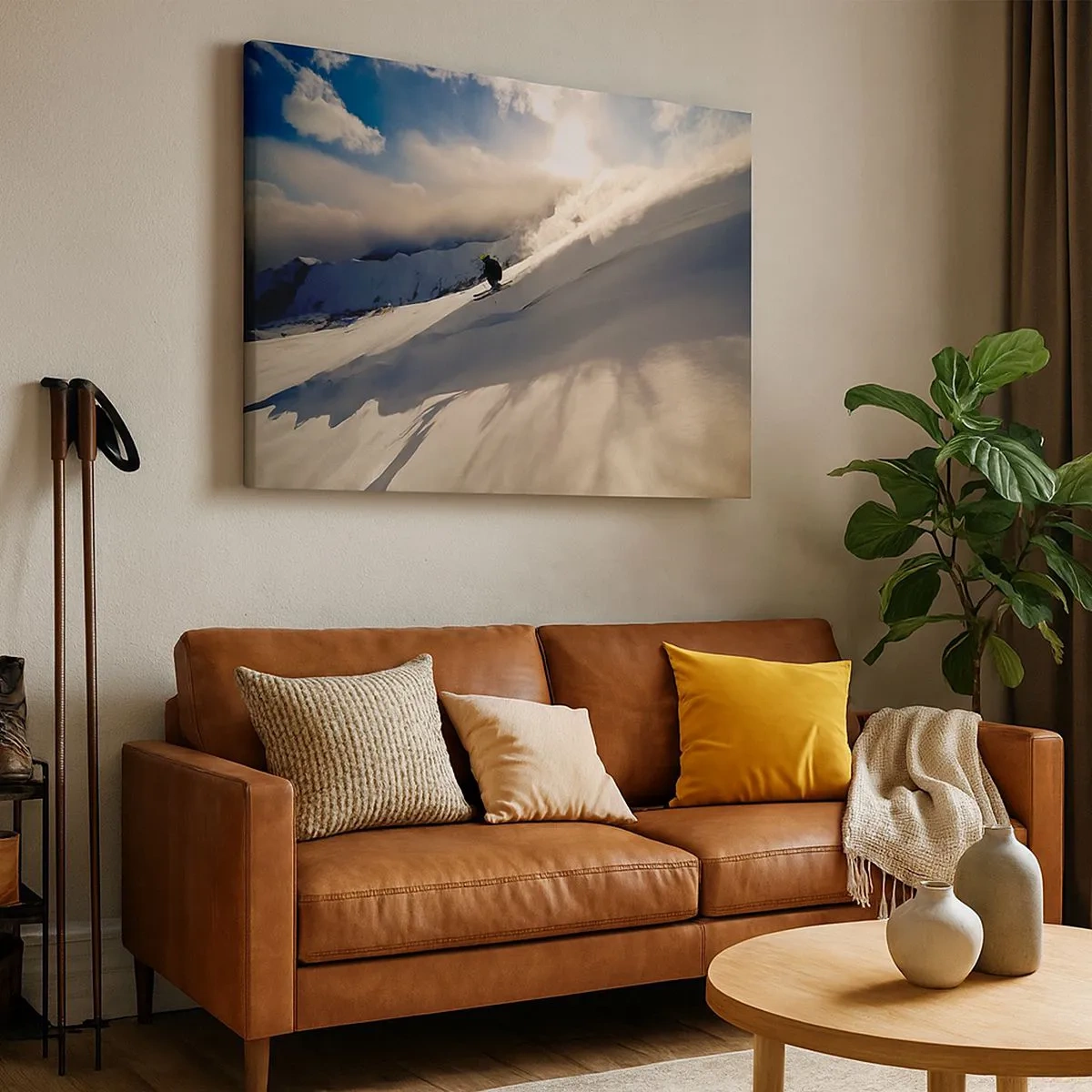 Schilderen op canvas - Een skiër op een helling omgeven door bergen en sneeuw - 70x50cm - Berguitdaging genomen - Moderne wanddecoratie voor woonkamer en slaapkamer ARTTOR