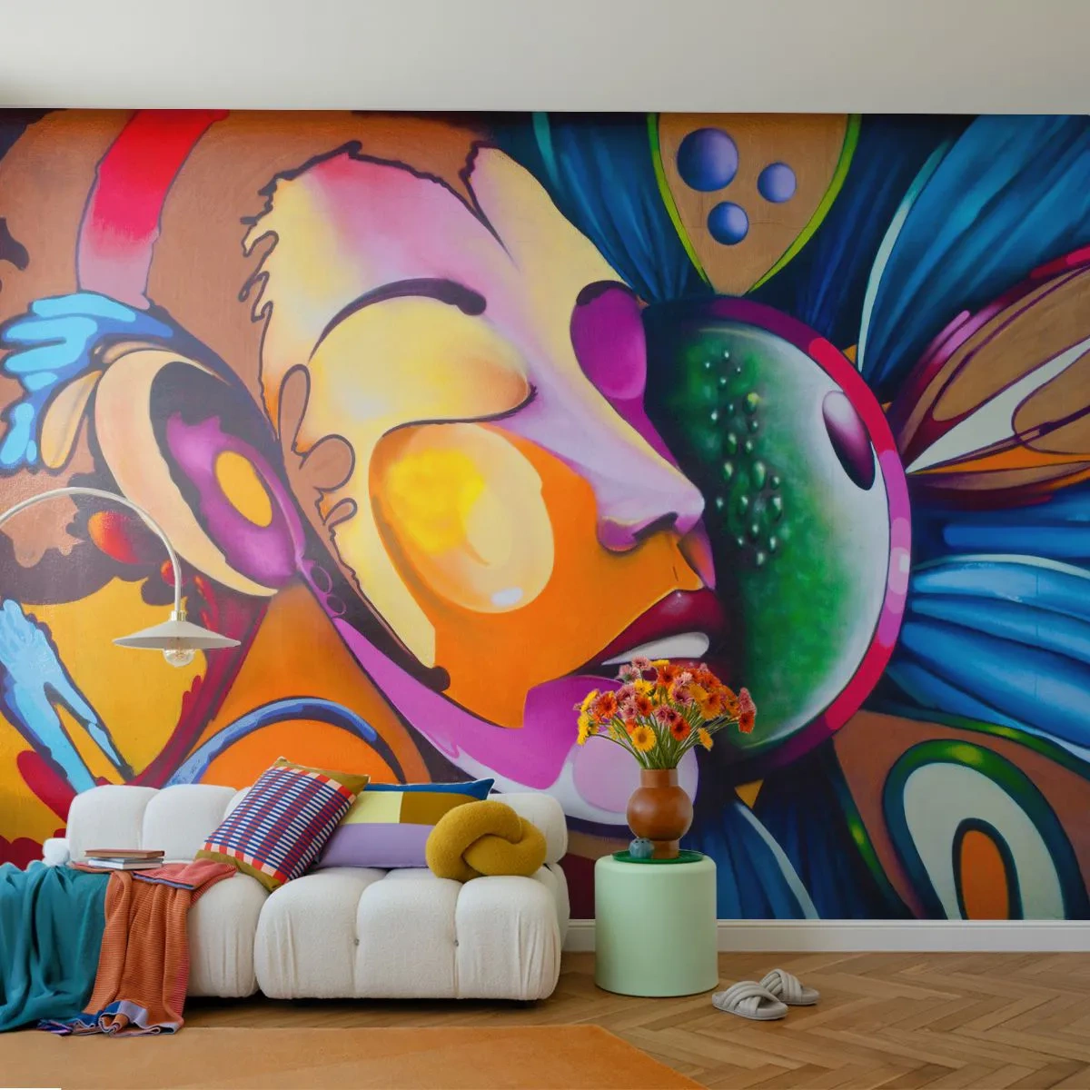 Fotobehang Premium Canvas - Aanraken met kleur - Abstractie, Vrouw, Kubisme - 400x280 cm