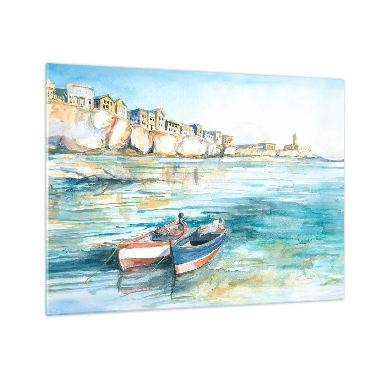 Schilderen op glas - Een aquamarijnkleurige baai met boten en gebouwen op de klif - 70x50cm - Azuurblauw landschap - Moderne wanddecoratie voor woonkamer en slaapkamer ARTTOR