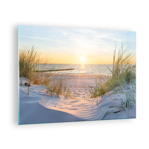 Schilderen op glas - Zonsondergangstrand met uitzicht op zee en duingras - 70x50cm - Het geluid van de zee, het zingen van vogels, een wild strand tussen het gras... - Moderne wanddecoratie voor woonkamer en slaapkamer ARTTOR
