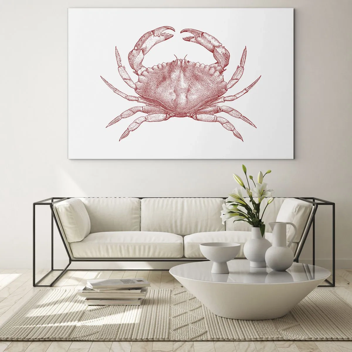Schilderen op glas - Schets van een rode krab op een lichte achtergrond in retrostijl - 70x50cm - Krab der krabben - Moderne wanddecoratie voor woonkamer en slaapkamer ARTTOR