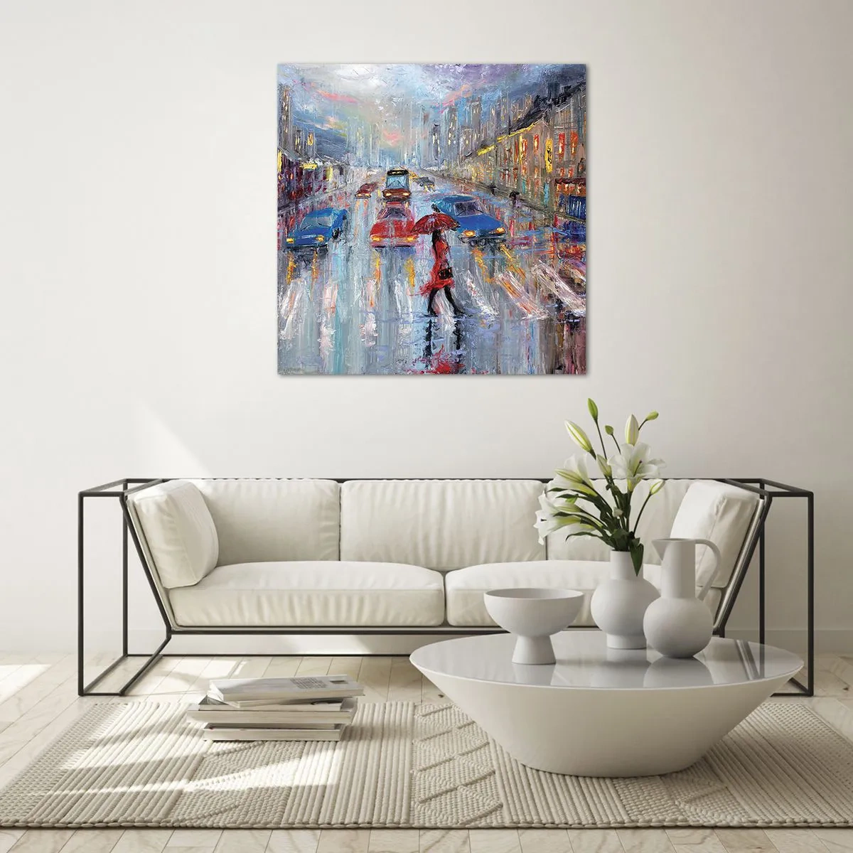 Schilderen op glas - Regenachtige middag in de stad - 70x70 cm