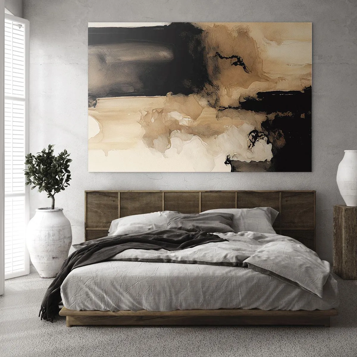 Schilderen op glas - Een abstracte vorm in zwart en bruin op een lichte achtergrond - 70x50cm - Intrigerende abstractie - Moderne wanddecoratie voor woonkamer en slaapkamer ARTTOR