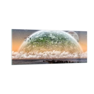 Schilderen op glas - En de wereld kwam uit het water - 100x40 cm