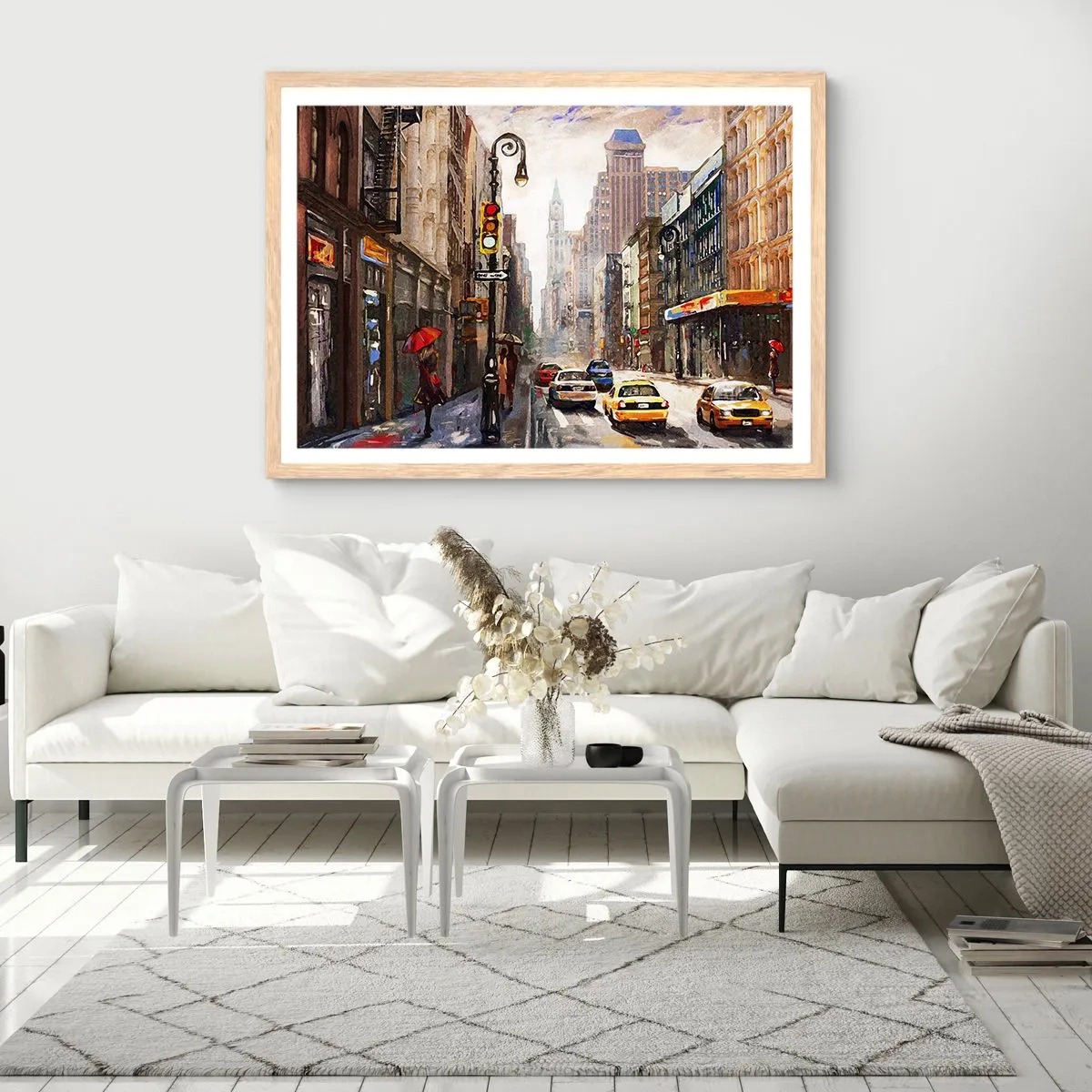 Een poster in een licht eiken lijst - New York - ook kleurrijk in de regen - 91x61 cm
